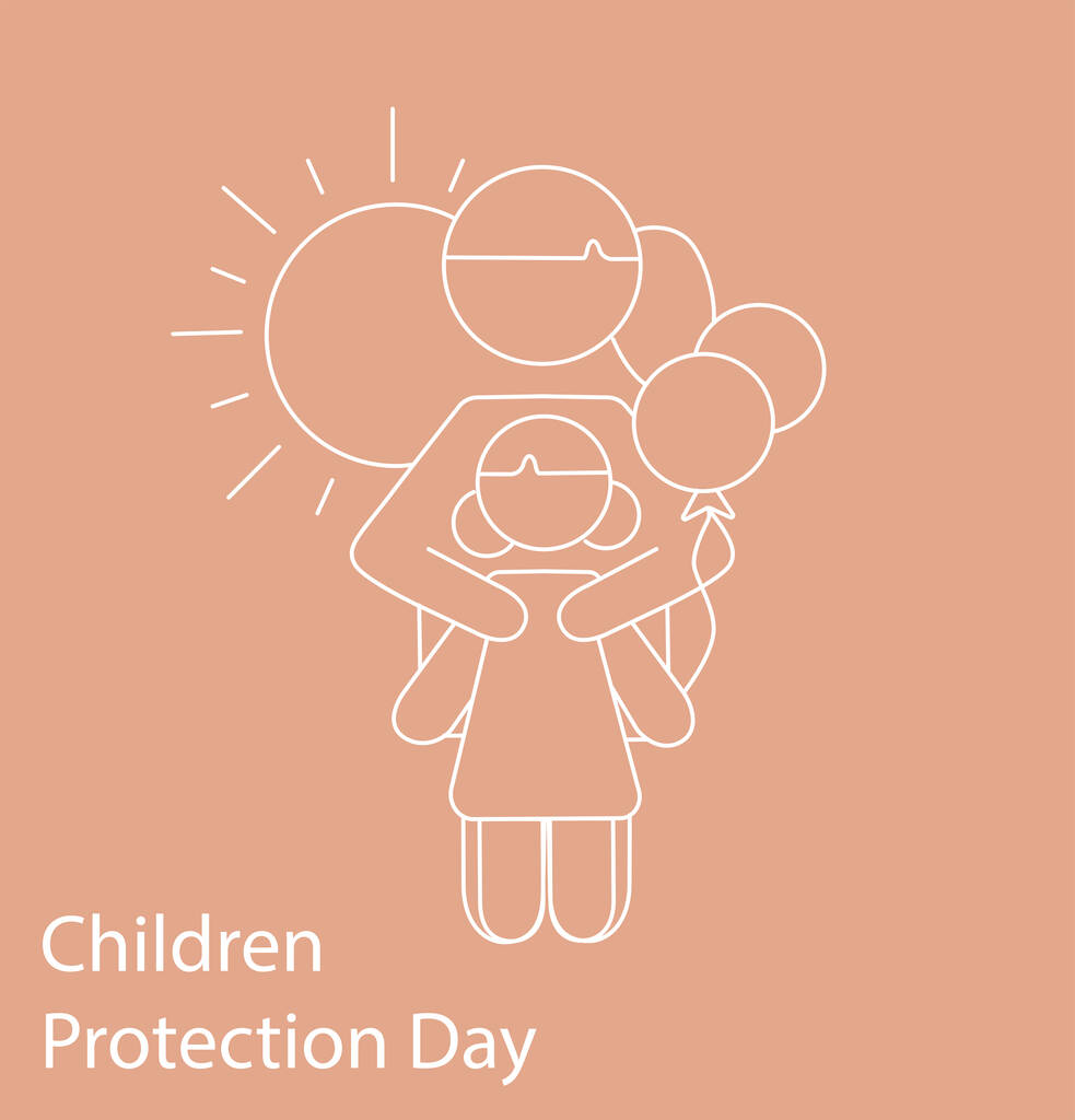 illustration of mother hugging kid near children protection day lettering on beige - Vecteur, image