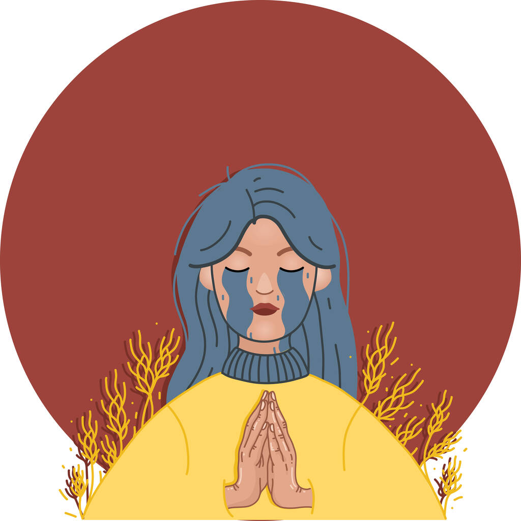 illustration of crying ukrainian woman praying with closed eyes on red - Vector, Image
