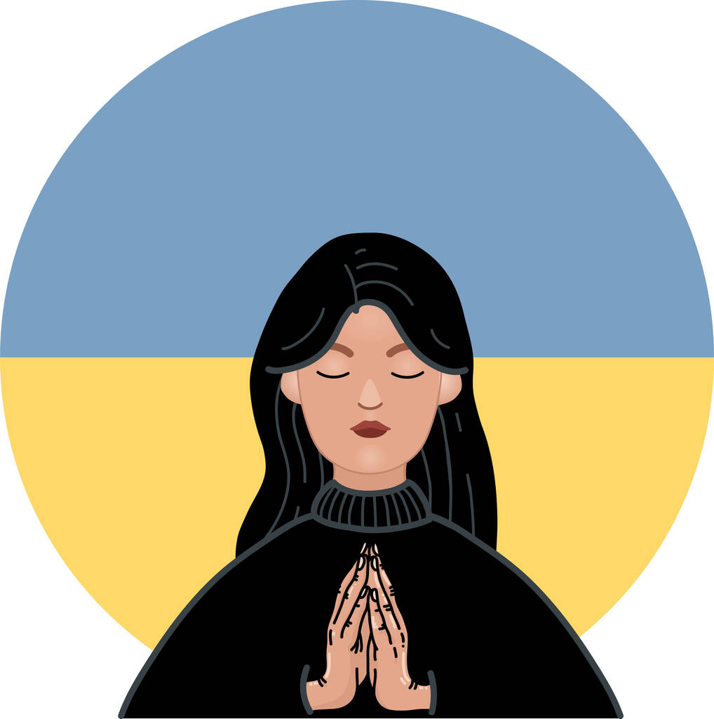 国旗の近くで目を閉じて祈るウクライナ人女性のイラスト - ベクター画像