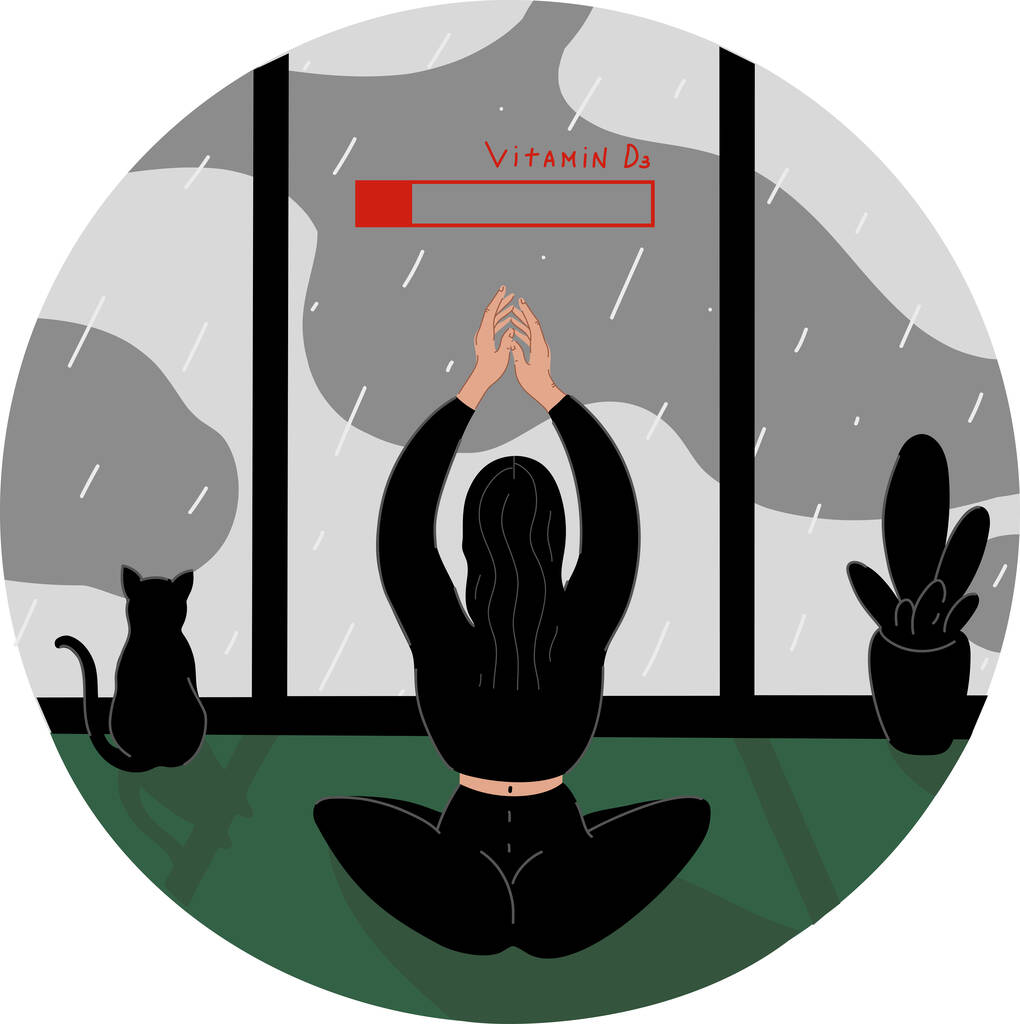 illustrazione di donna che pratica yoga vicino alla batteria con la vitamina D lettering in giorno di pioggia - Vettoriali, immagini