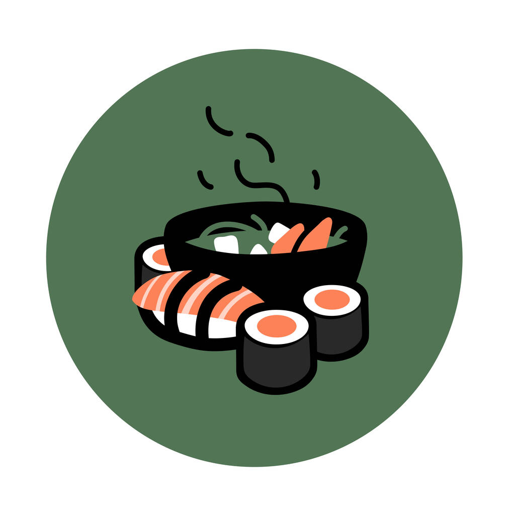 illustration of miso soup and sushi rolls on green - Vector, Image