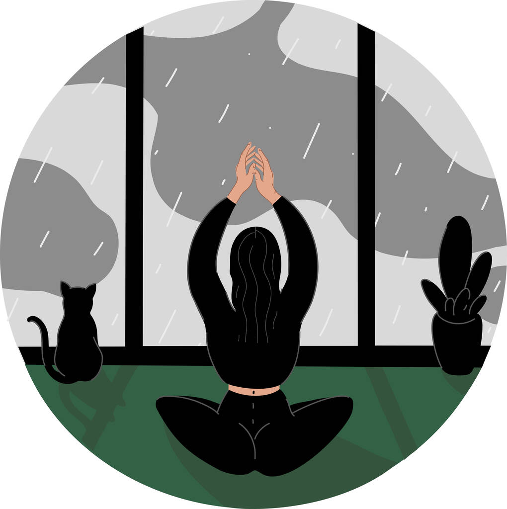 иллюстрация женщины, практикующей йогу рядом с кошкой и окном в дождливый день - Вектор,изображение