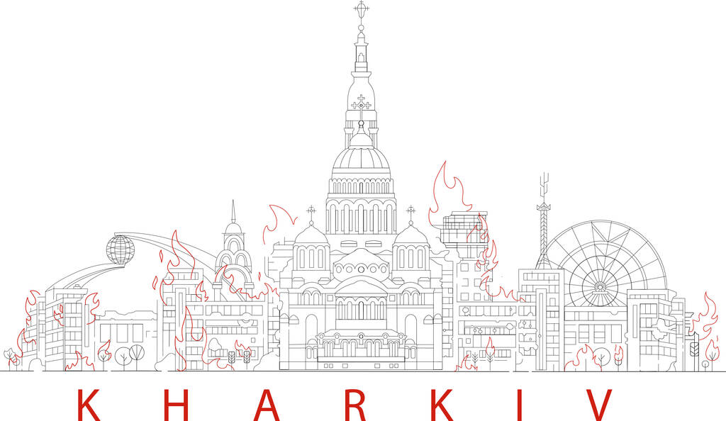 иллюстрация горящего харьковского города на белом, баннер - Вектор,изображение