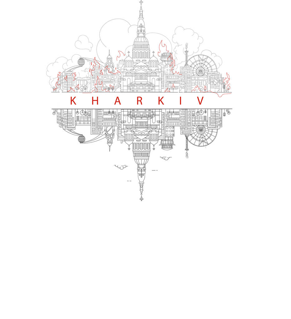 Ilustração de cidade de kharkiv ardente com reflexão em branco - Vetor, Imagem