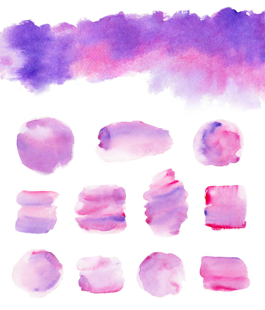 Анотація акварельного набору пензлів з фіолетових, фіолетових і рожевих кольорових плям ізольовані на білому
 - Фото, зображення