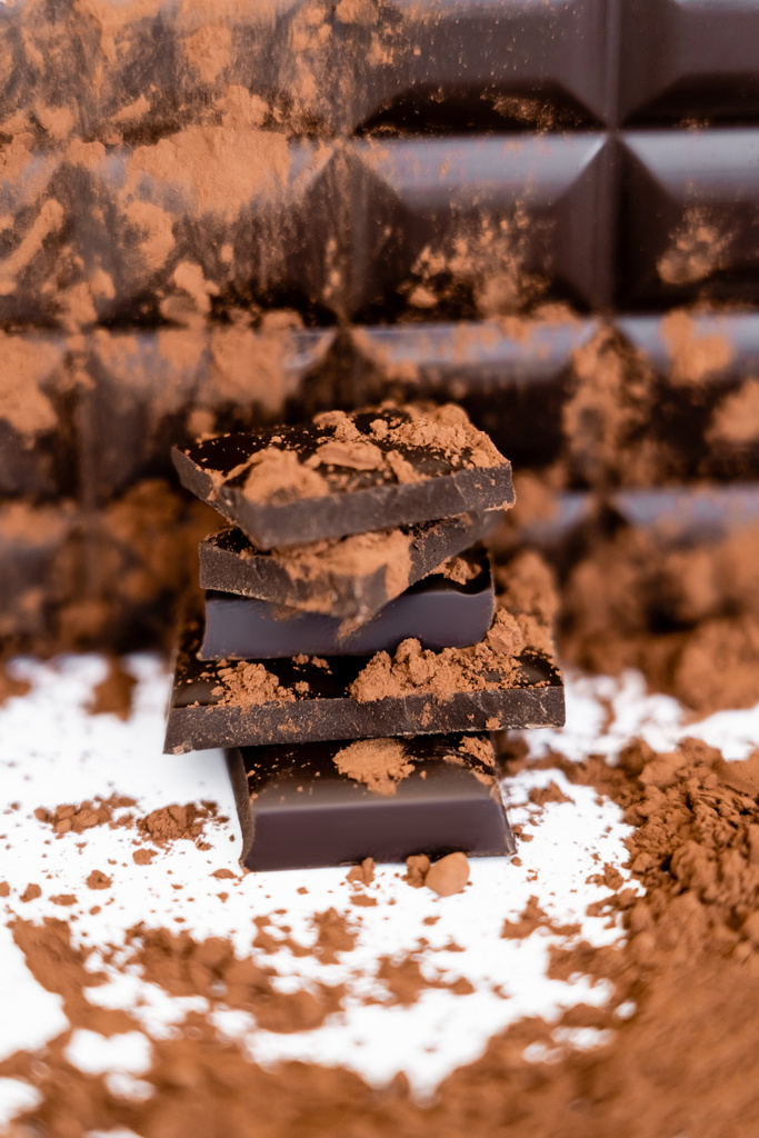 Close up view of cocoa powder and dark chocolate on white background  - Fotografie, Obrázek