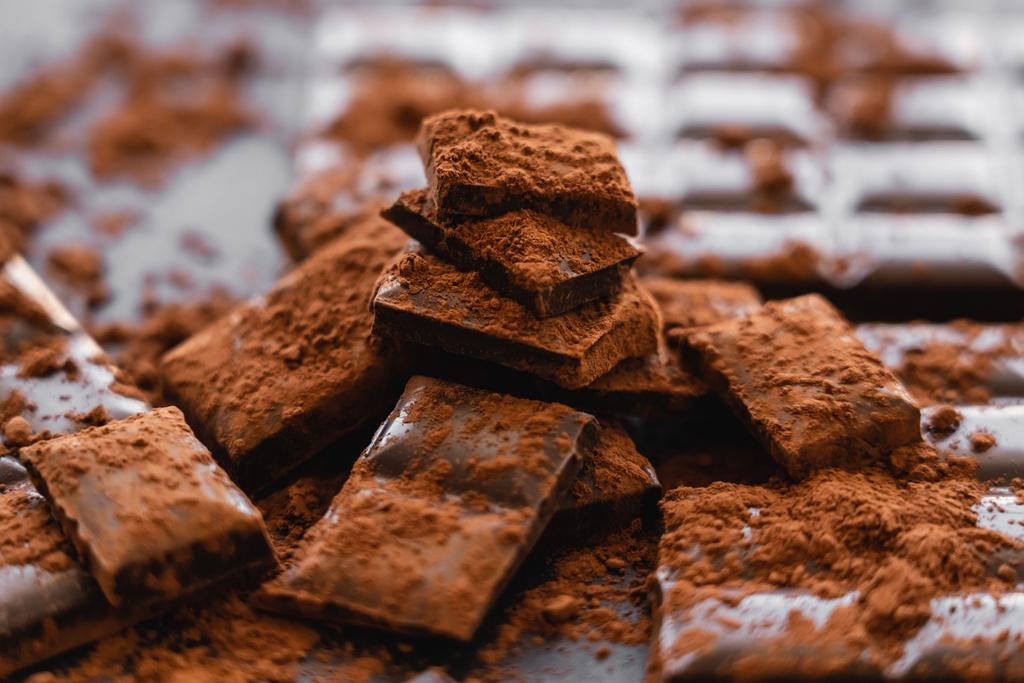 Close up view of cocoa powder and chocolate on dark background  - Foto, afbeelding