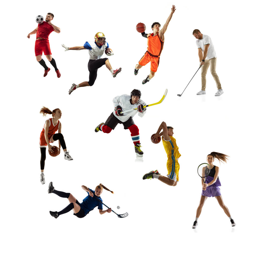 Sport-Collage. Tennis, Laufen, Badminton, Fußball und American Football, Basketball, Handball, Volleyball, Golf, Hockeyspieler. - Foto, Bild
