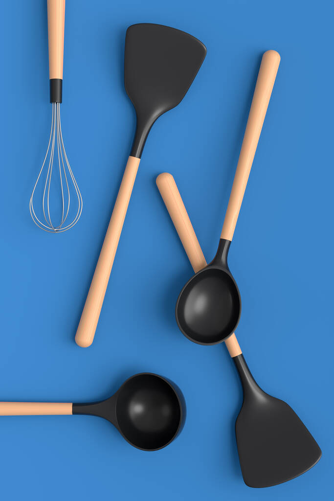 Wooden kitchen utensils, tools and equipment on blue background. 3d render of home kitchen tools and accessories for cooking - Photo, Image
