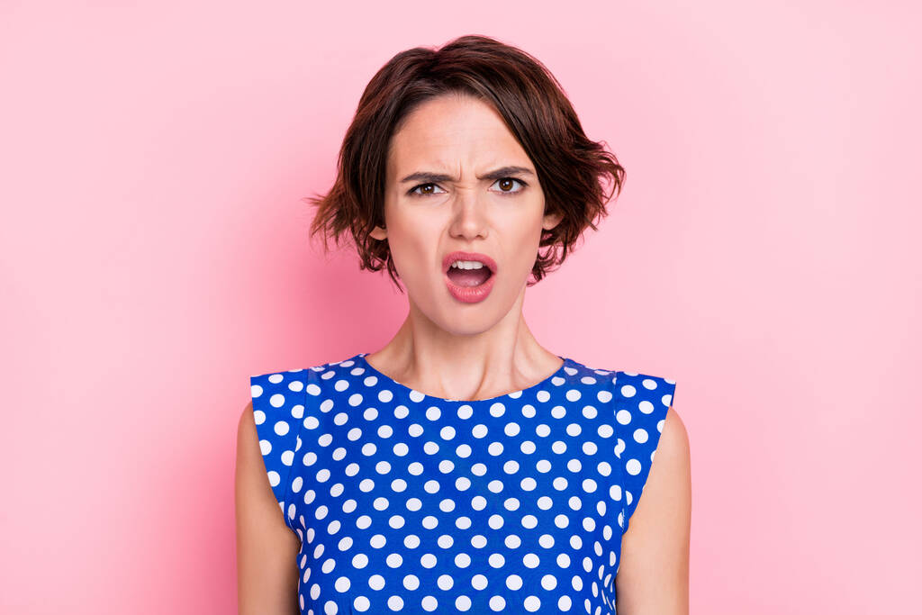 Photo of stressed millennial bob hairdo lady open mouth wear blue blouse isolated on pink color background - 写真・画像
