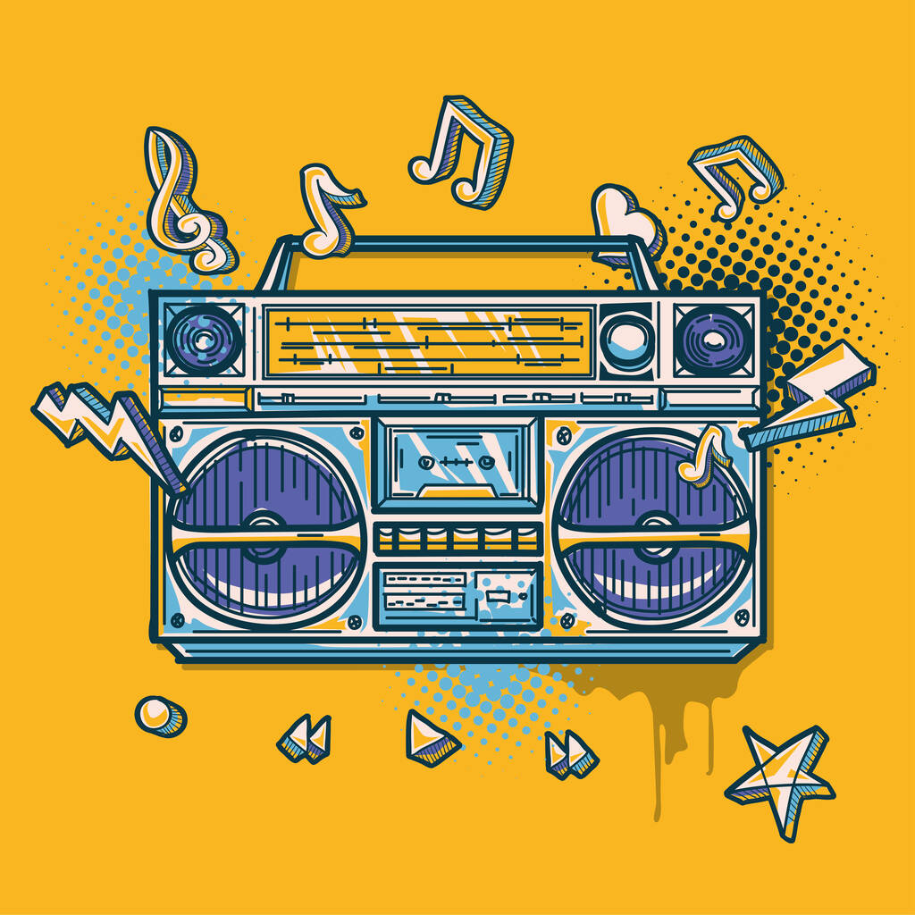 Music design - colorful drawn boom box tape recorder with clef and musical notes - Vektor, obrázek