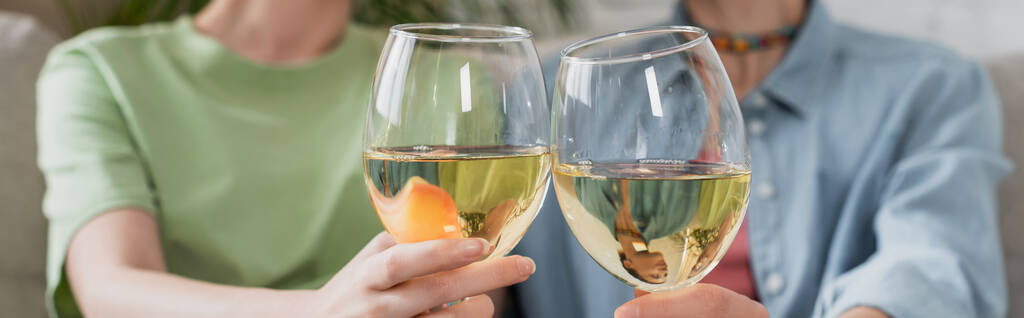 partial view of blurred pangender couple clinking glasses with white wine, banner - Fotó, kép