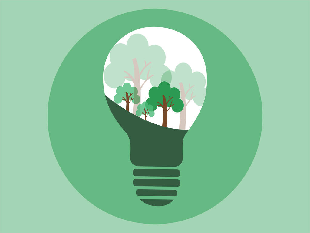 illustration of light bulb with green trees inside, environment day concept  - Vektori, kuva
