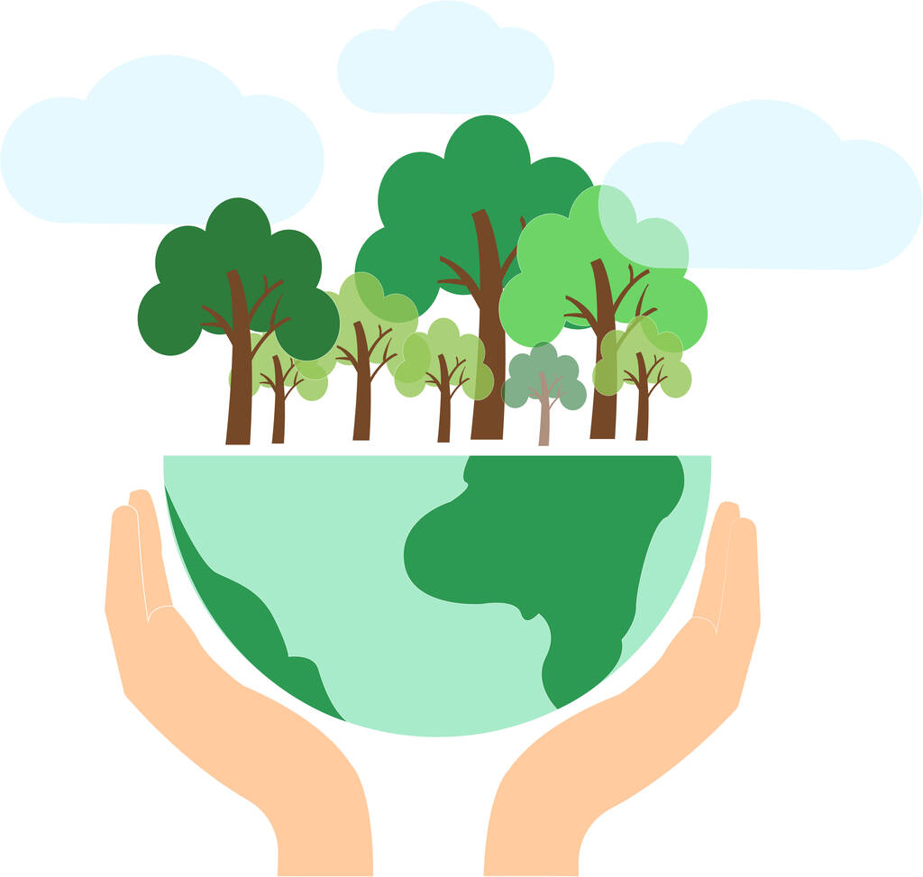 illustration of hands holding globe with green trees, environment day concept  - Wektor, obraz