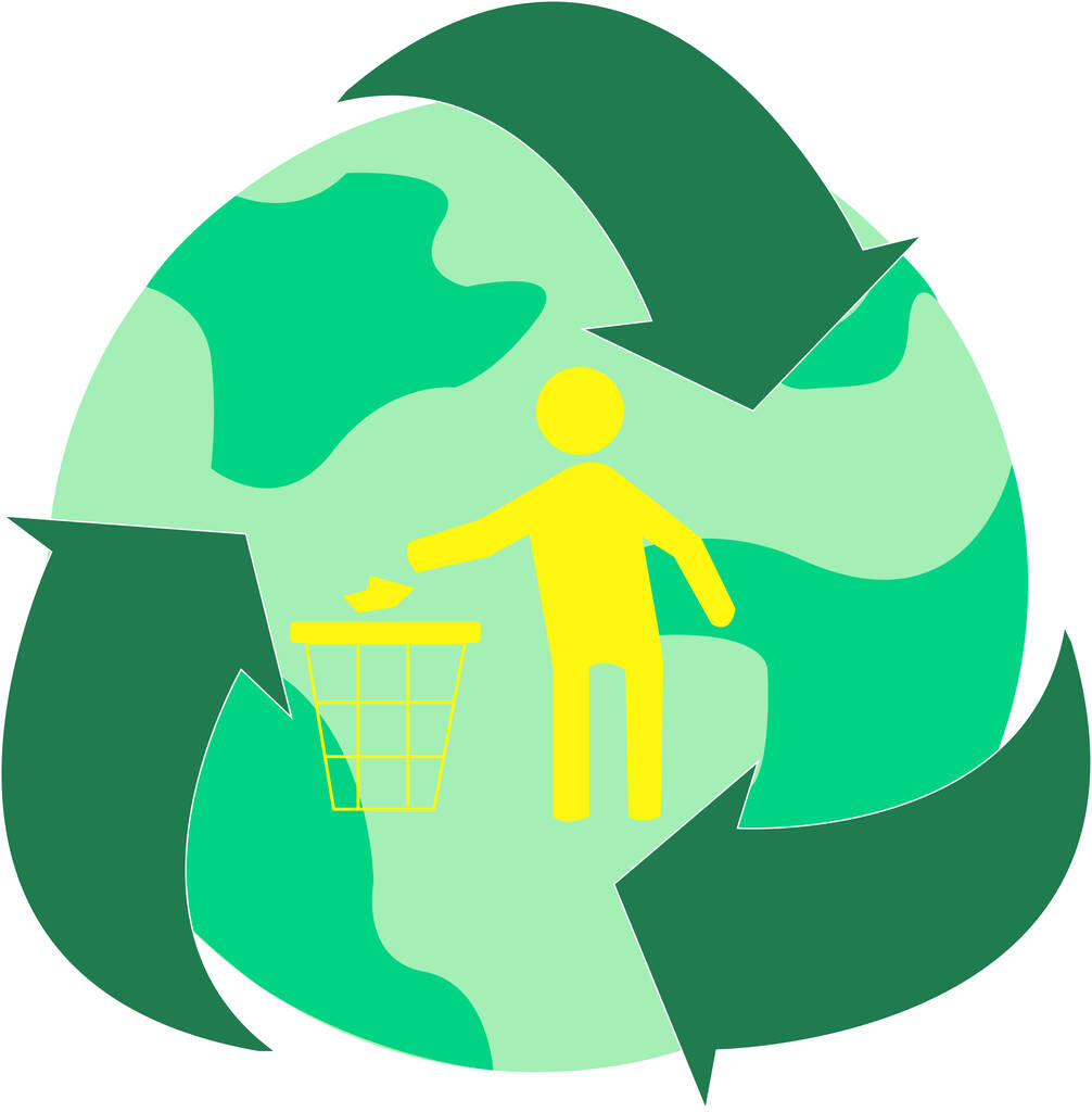 ілюстрація переробки співає по всьому світу і кидає сміття людини в смітник, концепція дня навколишнього середовища
  - Вектор, зображення