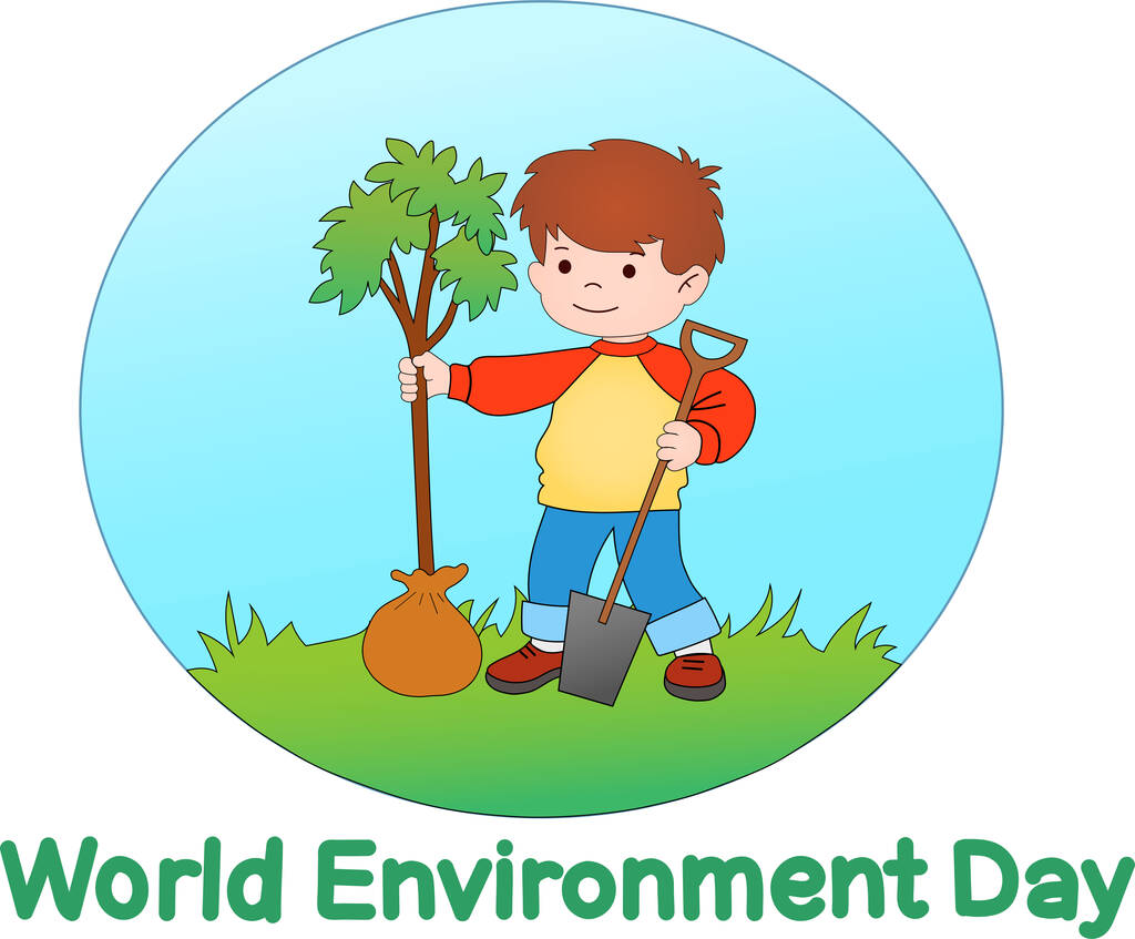 illustration of cartoon boy planting tree near world environment day lettering - Vettoriali, immagini