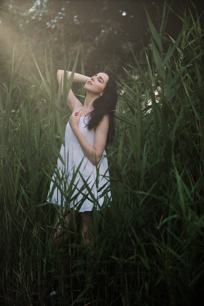 Beautiful sexy girl in a short white dress in nature near the river - Foto, Imagen