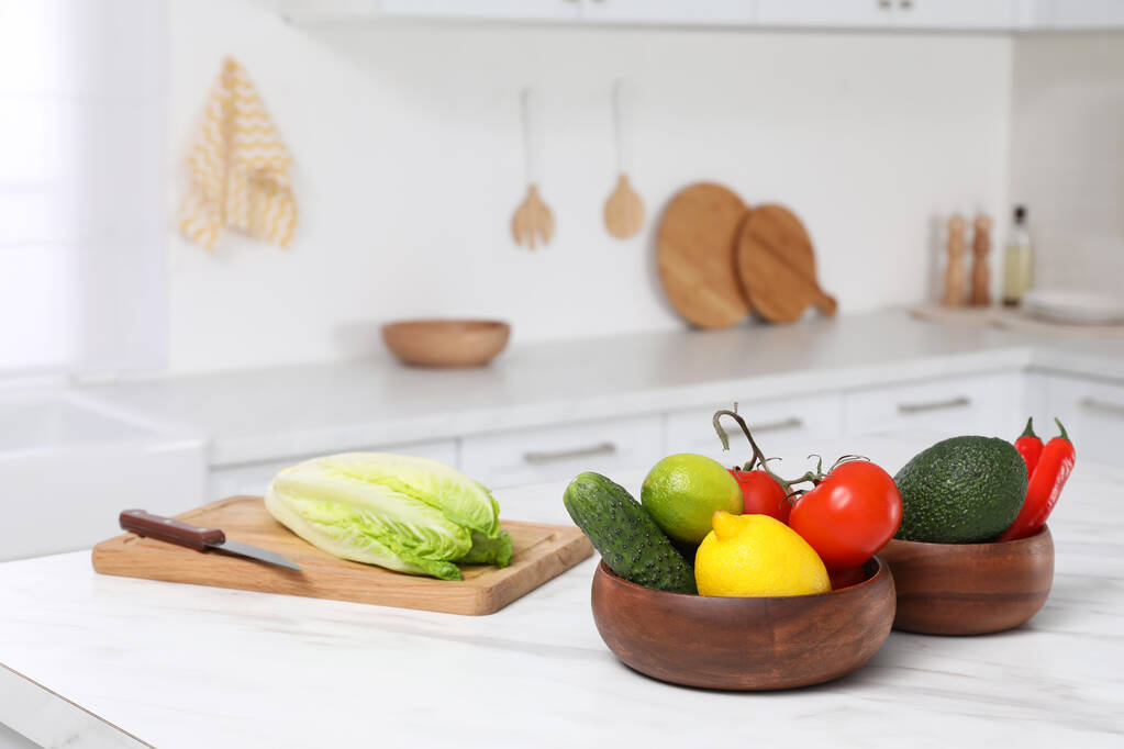 Fresh ripe vegetables and fruits on table in kitchen, space for text - Fotografie, Obrázek
