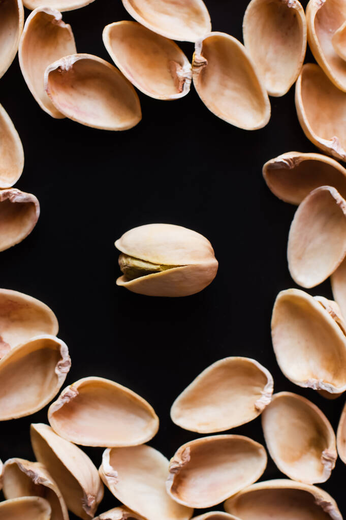 flay lay of nutshells around tasty pistachio nut isolated on black  - Foto, Imagem