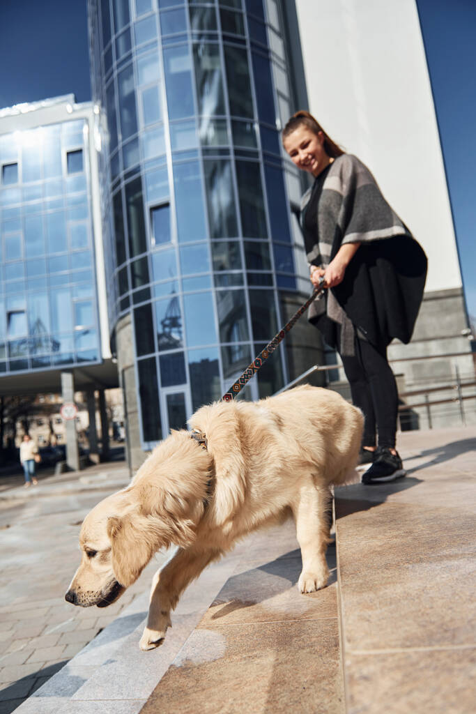 Молода позитивна жінка розважається зі своєю собакою, коли гуляє на відкритому повітрі біля бізнес-будівлі
. - Фото, зображення