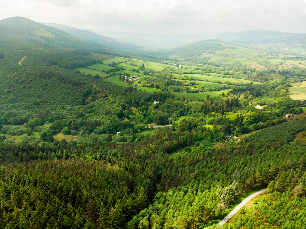 Vue aérienne des forêts et des terres agricoles d'Irlande. Belle campagne irlandaise avec des champs verts émeraude et des prairies. Paysage rural. - Photo, image