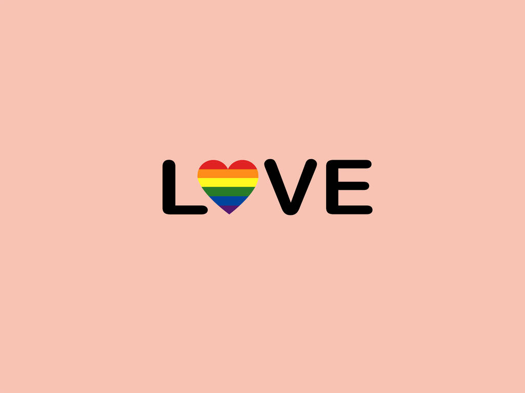illustration of lgbt flag in heart with love lettering isolated on pink - Vector, imagen