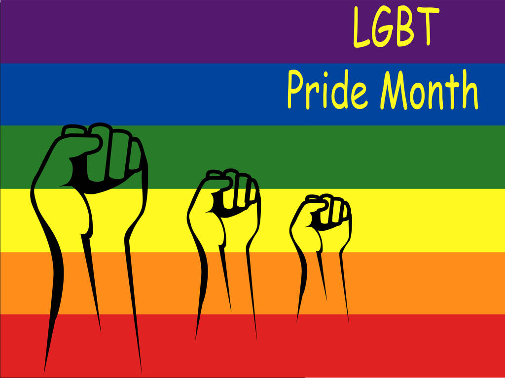 illustration of people with clenched fists near lgbt pride month lettering and rainbow flag - Vetor, Imagem
