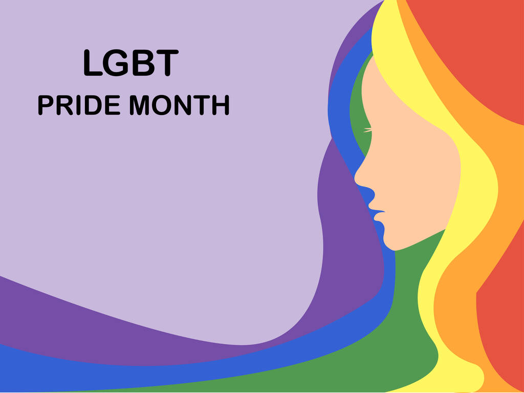 illustration of cartoon woman with colorful hair near lgbt pride month lettering on purple - Vector, afbeelding