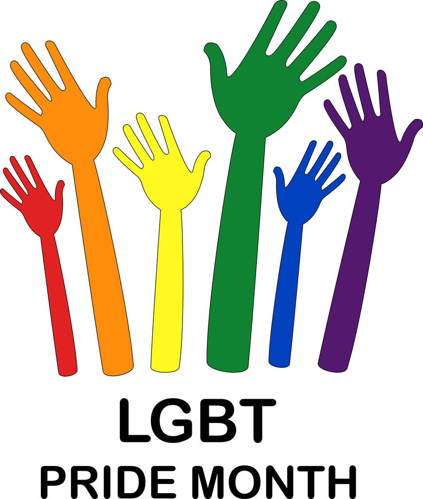 illustration of colorful hands near lgbt pride month lettering on white - Vetor, Imagem