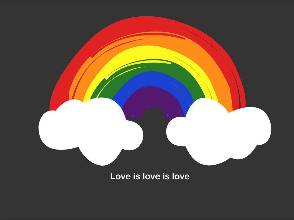 απεικόνιση του ουράνιου τόξου και σύννεφα κοντά στην αγάπη είναι η αγάπη είναι η αγάπη γράμματα σε μαύρο, έννοια Igbt  - Διάνυσμα, εικόνα