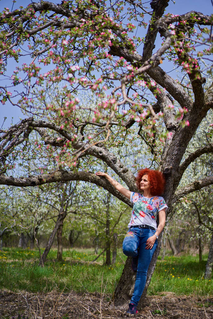 Curly redhead farmer woman in her apple garden in full bloom - Фото, изображение