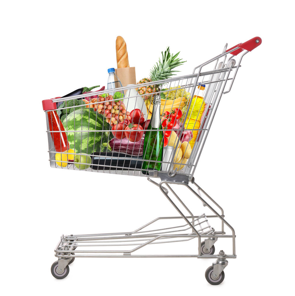 Carrello acquisti con generi alimentari su sfondo bianco - Foto, immagini
