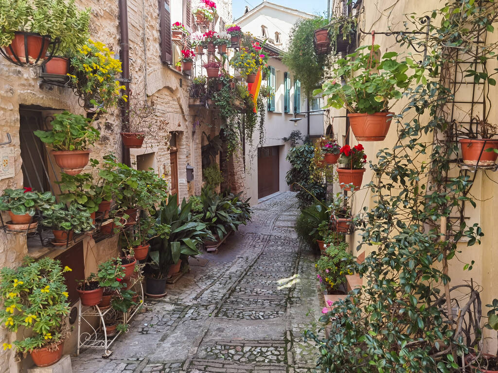 Frühling Blick auf Spello und seine Ecken und Straßen der schönen italienischen Städte von Italien - Foto, Bild
