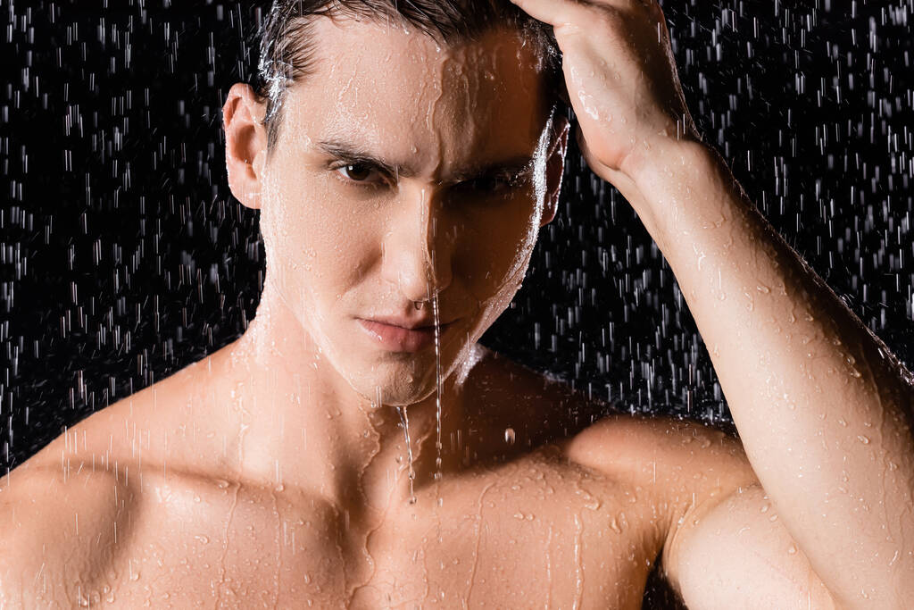 裸の肩が髪に触れ黒い背景でシャワー下のカメラを見ているぬれた男 - 写真・画像