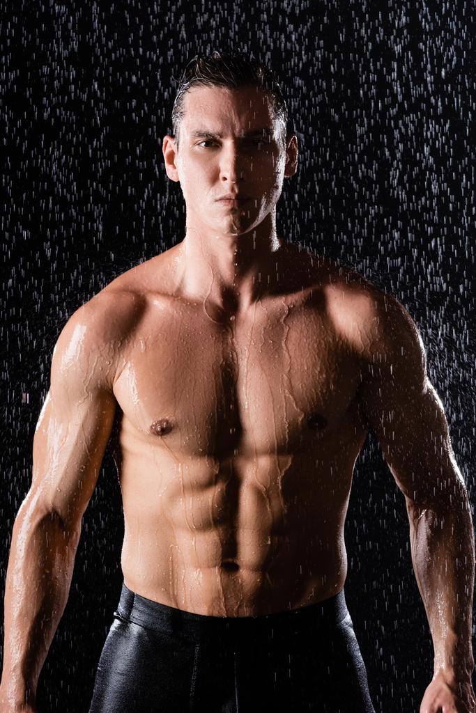 黒い背景に雨の下でカメラを見る筋肉質の胴を持つ男の正面図 - 写真・画像