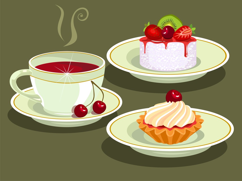 Tea and cake - Vector, Image