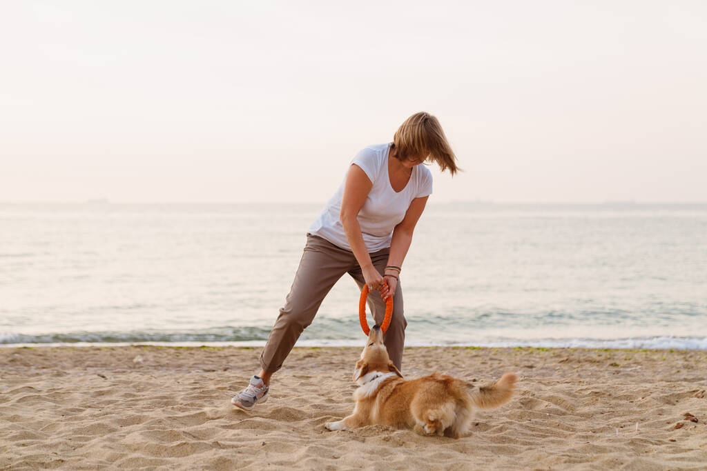 Senior evropský žena hrát se svým psem na písečné pláži - Fotografie, Obrázek