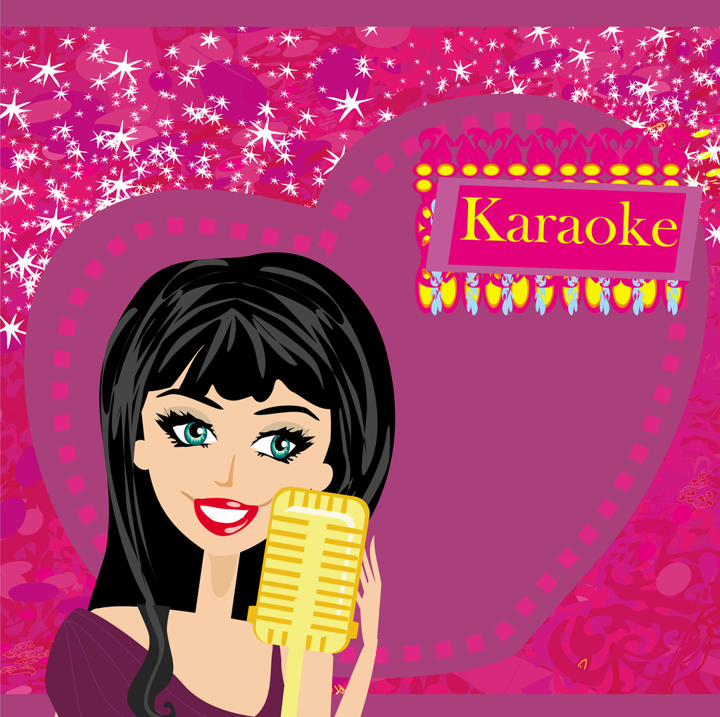 Karaoke est, absztrakt illusztráció mikrofonnal és énekessel  - Vektor, kép