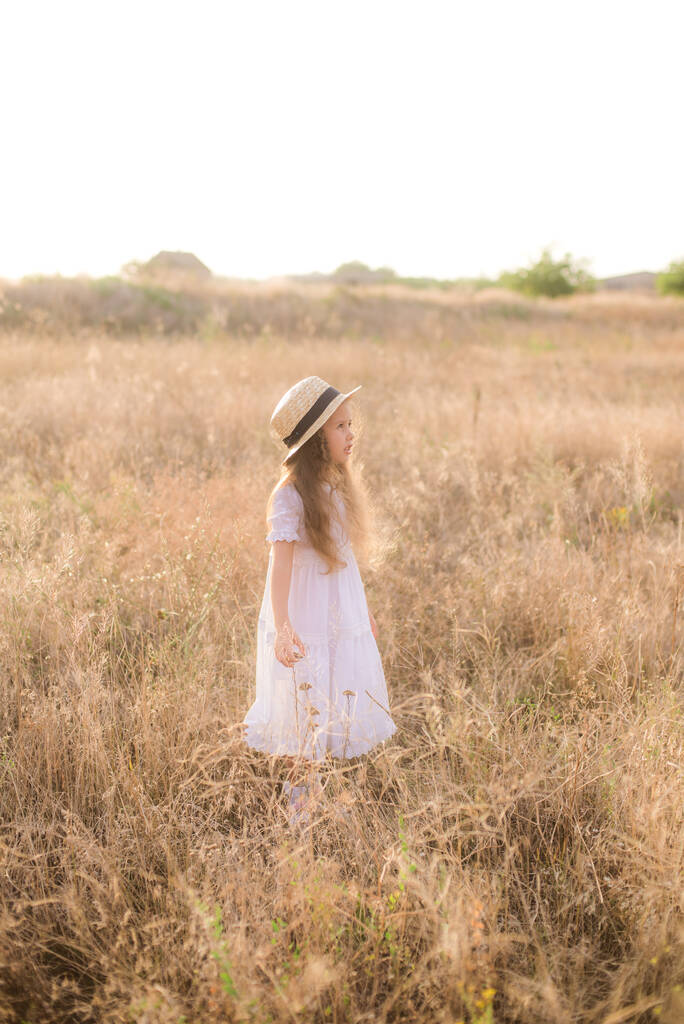 Una linda niña con el pelo largo y rubio rizado en un vestido blanco de verano en un campo en el campo en verano al atardecer. Naturaleza y ecología - Foto, Imagen