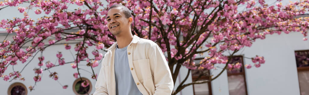 hombre afroamericano positivo en camisa chaqueta caminando cerca de cerezo, bandera - Foto, imagen