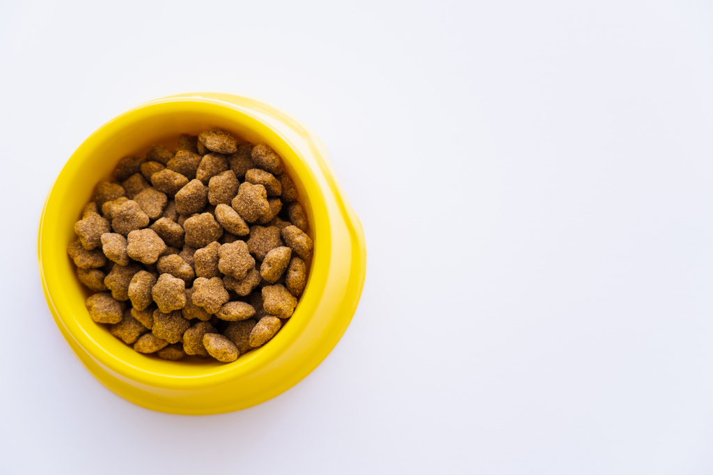 vista superior de tigela de plástico amarelo com alimentos para animais de estimação isolados em branco - Foto, Imagem