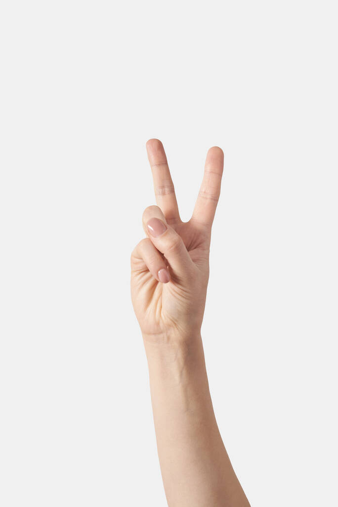 Vnitřní dlaně počítají na prstech, ženská ruka ve svislé poloze s 5, 5, 5, 5 a 2 prsty vyčnívají izolovaně na bílém pozadí. Písmenná abeceda. Koncept jednoho až pěti prstů. - Fotografie, Obrázek