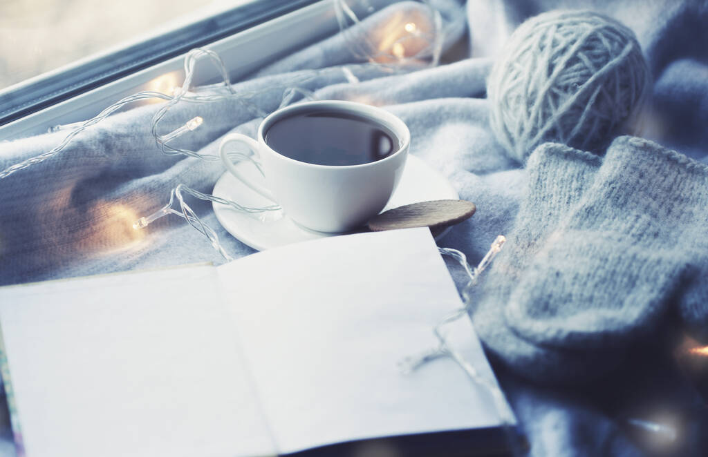 Cozy kış Natürmort: bir fincan sıcak çay ve pencere dışında kar manzara karşı sıcak ekose ile kitap. - Fotoğraf, Görsel