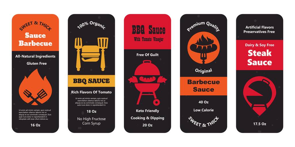 Sauce Barbecue Emblem, isoliert auf weißem Set. Bbq und Steak-Sauce, Design-Kollektion für Lebensmitteletiketten, Vektorillustration. Natürliche Zutaten, reiche Aromen, hochwertige Qualität, Milch- und Sojafrei - Vektor, Bild