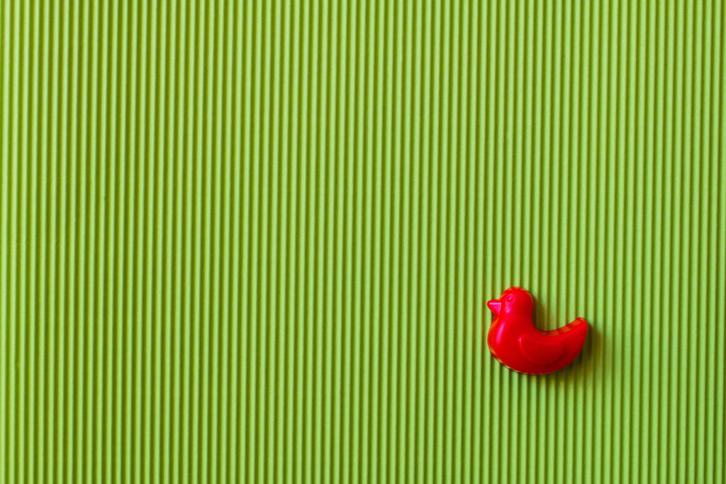vista superior del molde rojo en forma de pato sobre fondo texturizado verde - Foto, Imagen