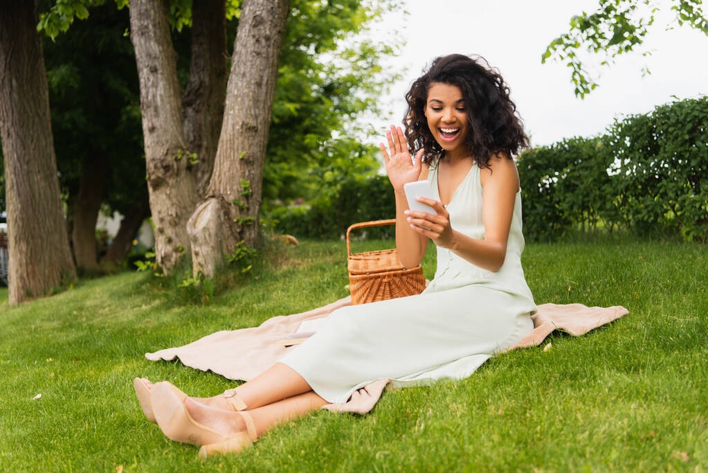 mujer afroamericana feliz saludando de la mano mientras tiene videollamada en el teléfono inteligente durante el picnic en el parque  - Foto, imagen