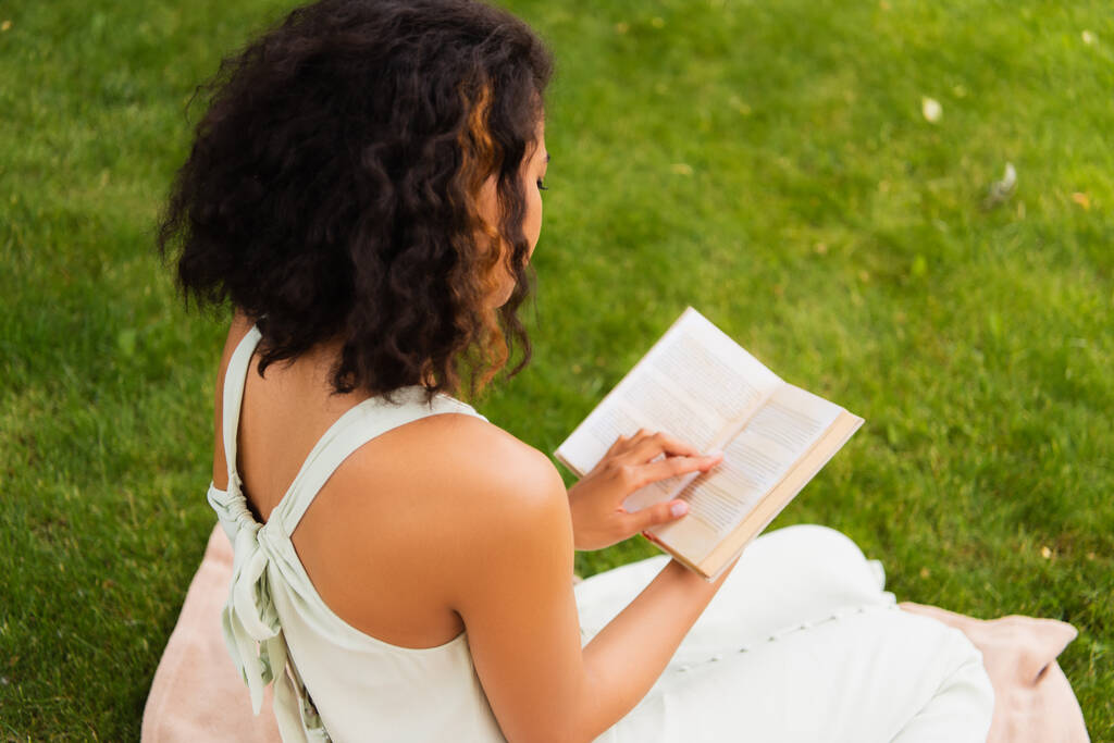 ricci donna afroamericana in abito libro di lettura e seduta su coperta sul prato verde - Foto, immagini