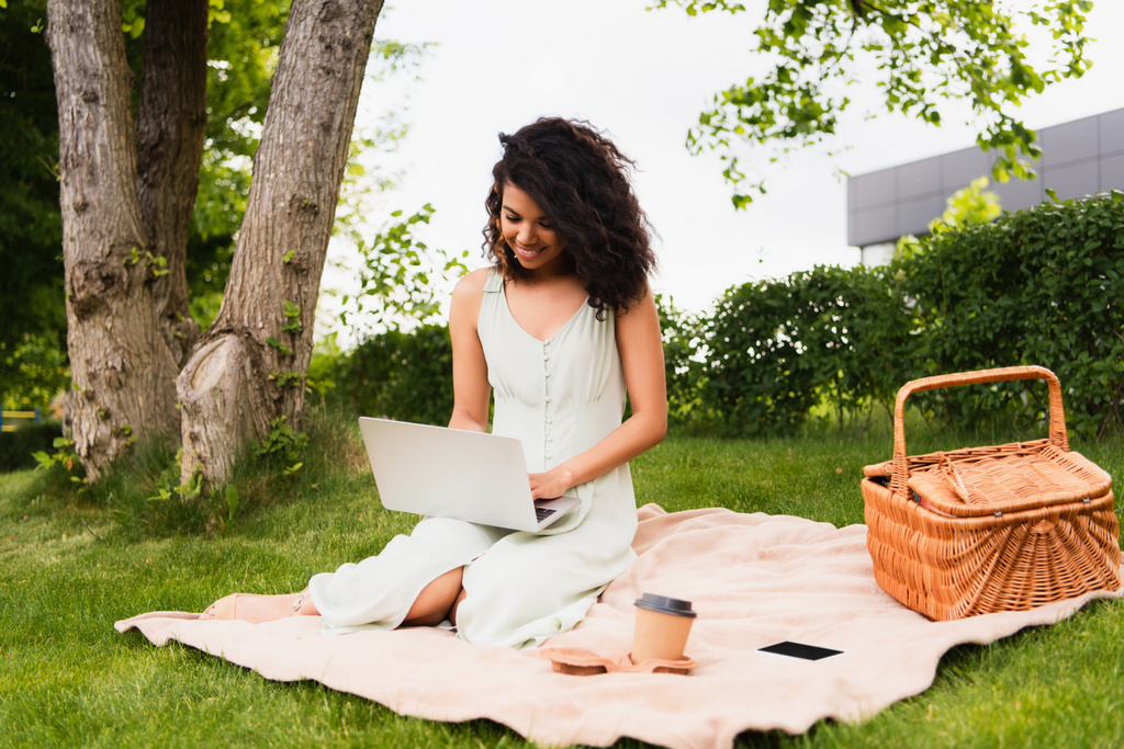 Memnun Afrikalı Amerikalı kadın yeşil parkta battaniyenin üzerinde hasır sepetin yanında dizüstü bilgisayar ve kağıt bardak kullanıyor.  - Fotoğraf, Görsel