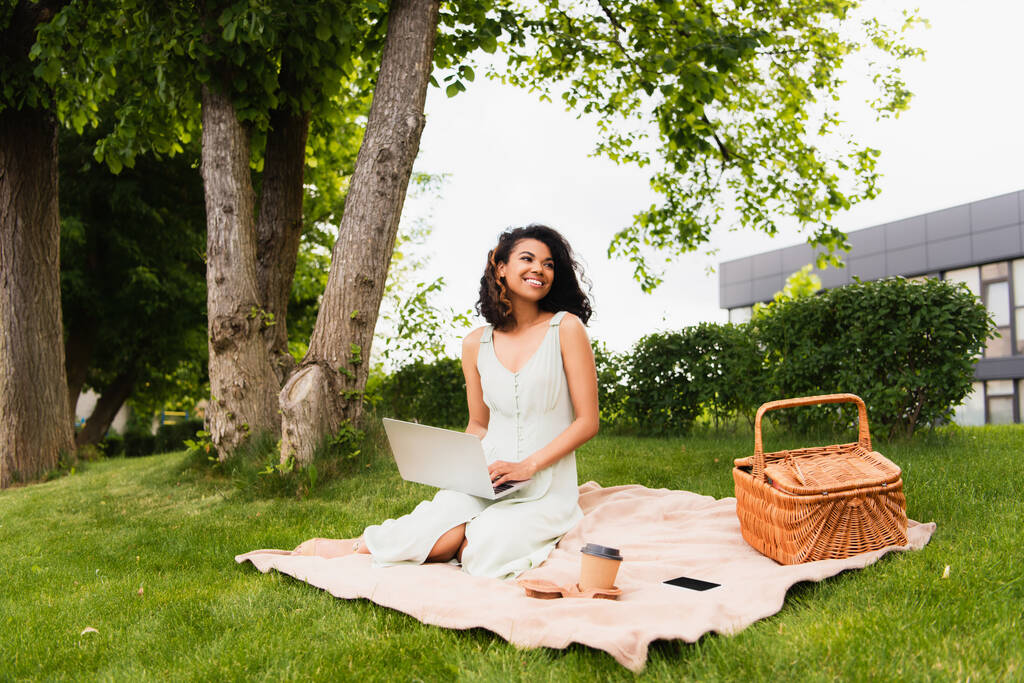donna afroamericana utilizzando computer portatile vicino cesto di vimini e tazza di carta su coperta nel parco verde  - Foto, immagini