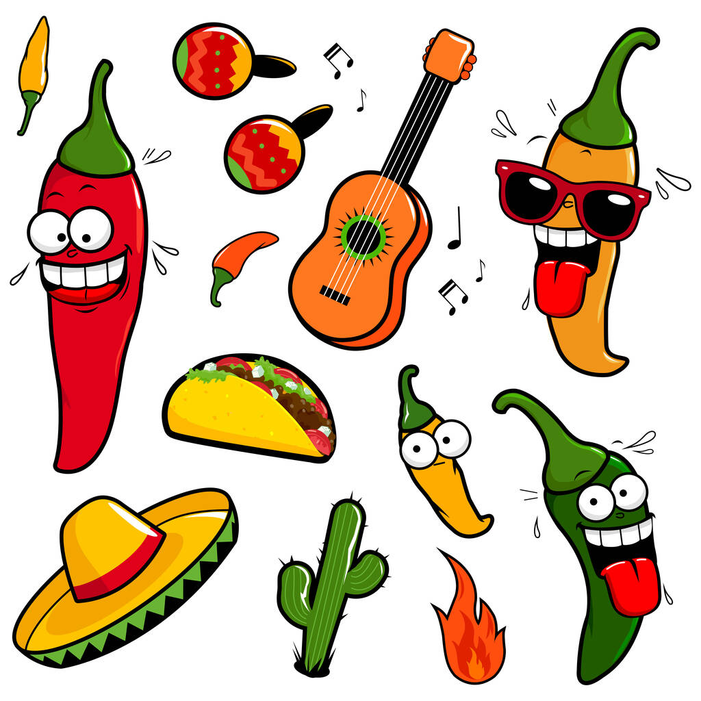 Mexican collection with cartoon chili pepper characters. Vector illustration - Vector, Image